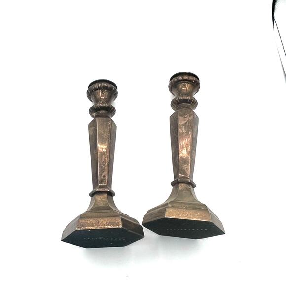 Vintage Pottery‎ Barn Silver Candle Stick Holders Hexagon Heavy Set 9.5 Inches - Picture 3 of 5